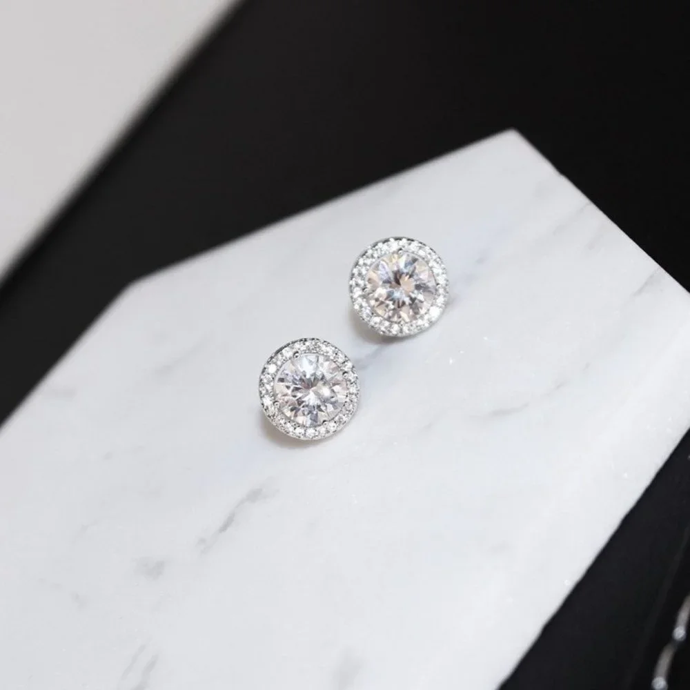 NEW Brilliant Cut Round Diamond Halo Silver Stud Earrings
